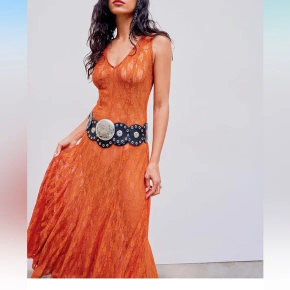 🧡Brand New SEXY Burnt Orange Lace Sheer V Neck Dress🧡 - Picture 1 of 4